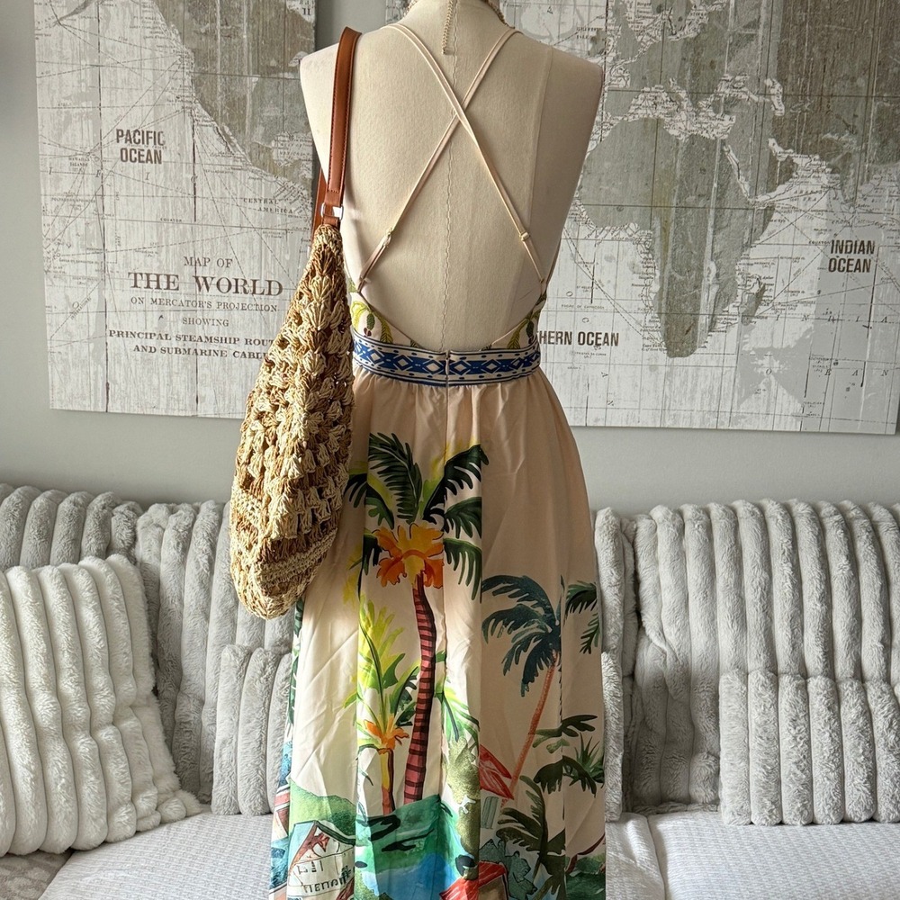 SHEIN Tropical Palm Tree Maxi Dress Halter Neck Resort Wear Size‎ XS - Picture 5 of 7